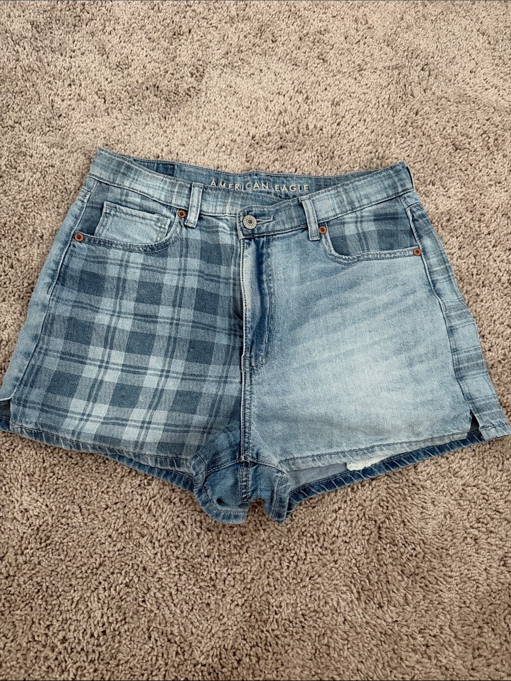 American Eagle Outfitters Two-Tone Blue Plaid & Washed Denim Shorts